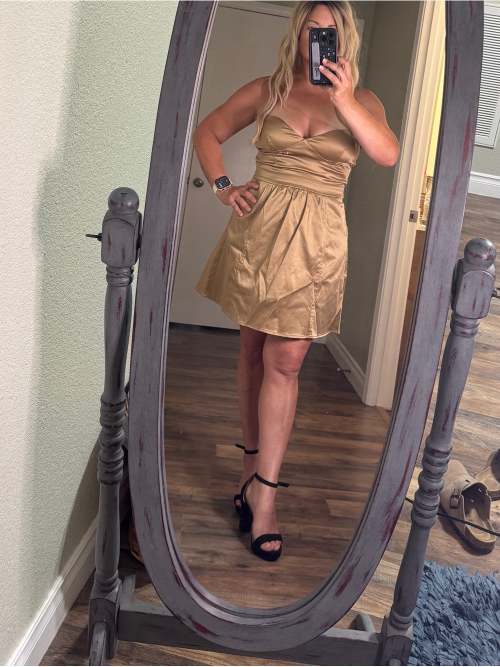 Lola Strapless Gold/Champange Satin Fit & Flare Dress w pockets